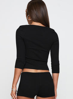 back view of model wearing Princess Polly So American Rib 3/4 Sleeve Top Black Three Fourth Sleeves Square Neck 