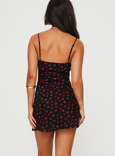 Karena Mini Dress Black / Red Floral | Princess Polly Karena Mini Dress Black / Red Floral | Princess Polly