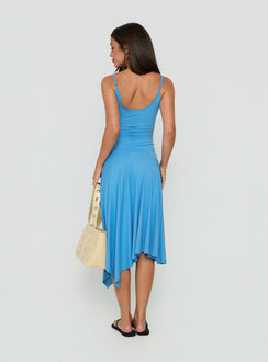 Caught Up Drop Waist Asymmetrical Midi Dress Blue