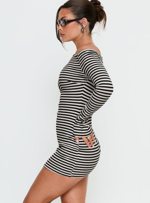 Journi Off Shoulder Long Sleeve Mini Dress Black | White Stripe | Black | White Stripe | Womens