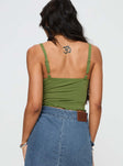 back view of model wearing Princess Polly Greyer Top Green Sleeveless Plunger 