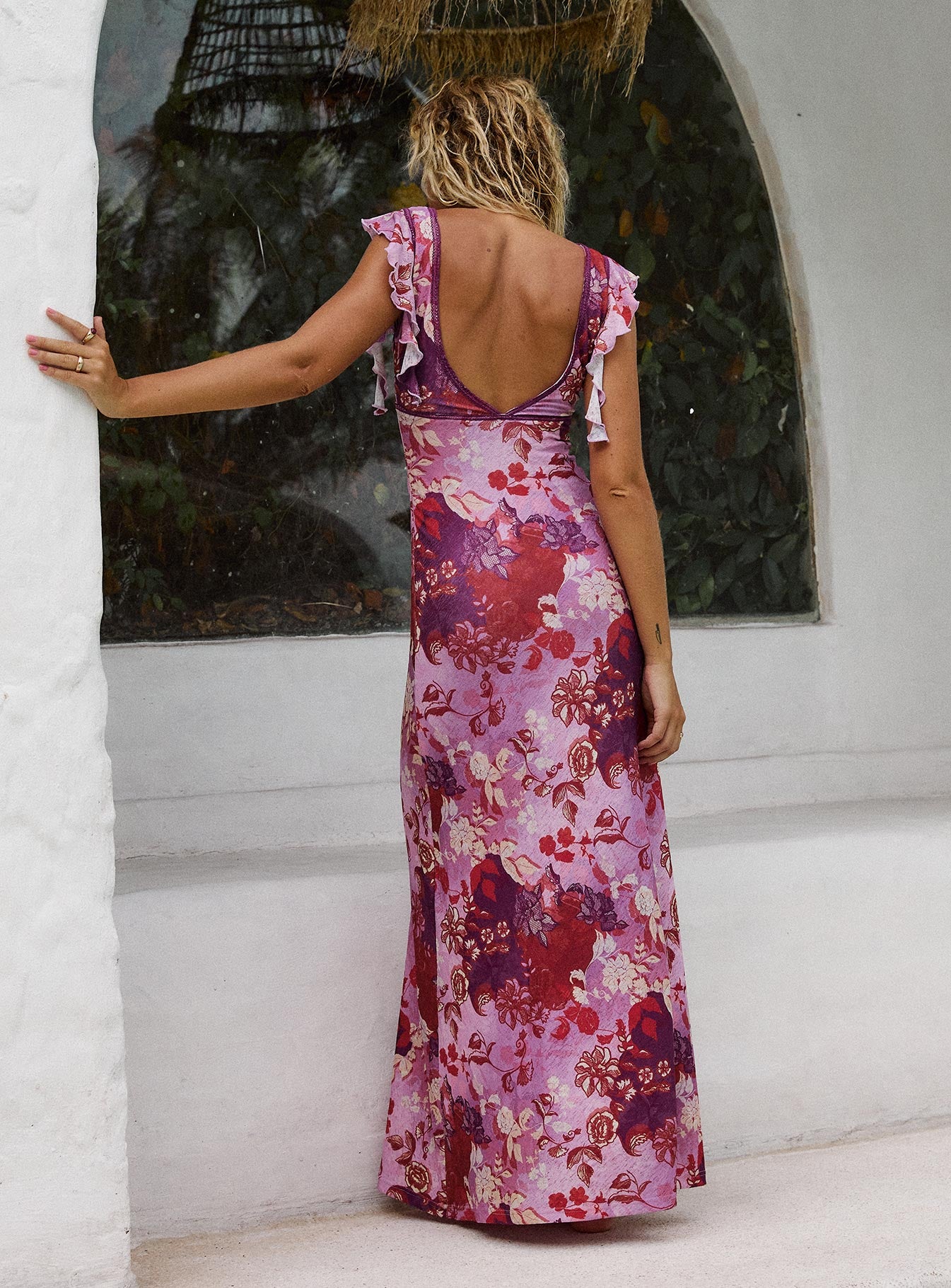 back view of model wearing Princess Polly Soleila Maxi Dress Purple Multi Petite V-Neck 