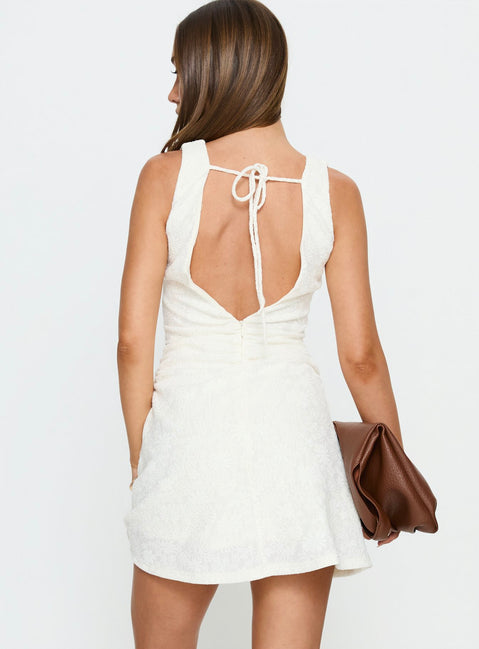 Falling Stars Ruched Mini dress Cream | Princess Polly Falling Stars Ruched Mini dress Cream | Princess Polly