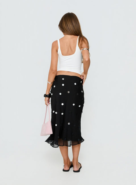 back view of model wearing Princess Polly Kessiah Sequin Midi Skirt Black Midi Skirts 