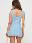 back view of model wearing Princess Polly Lanchester Mini Dress Blue Square Neck 