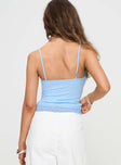 back view of model wearing Princess Polly Vikha Top Blue Sleeveless Square Neck 