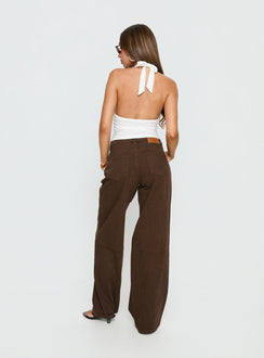 back view of model wearing Princess Polly Lando Low Rise Straight Leg Jeans Chocolate Mid Rise Jeans 