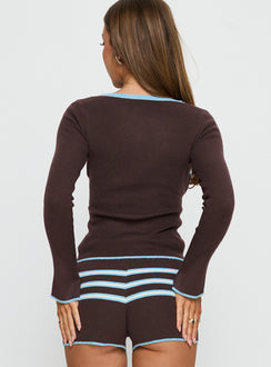 back view of model wearing Princess Polly Beverlea Button Down Knit Cardigan Brown / Blue Stripe 