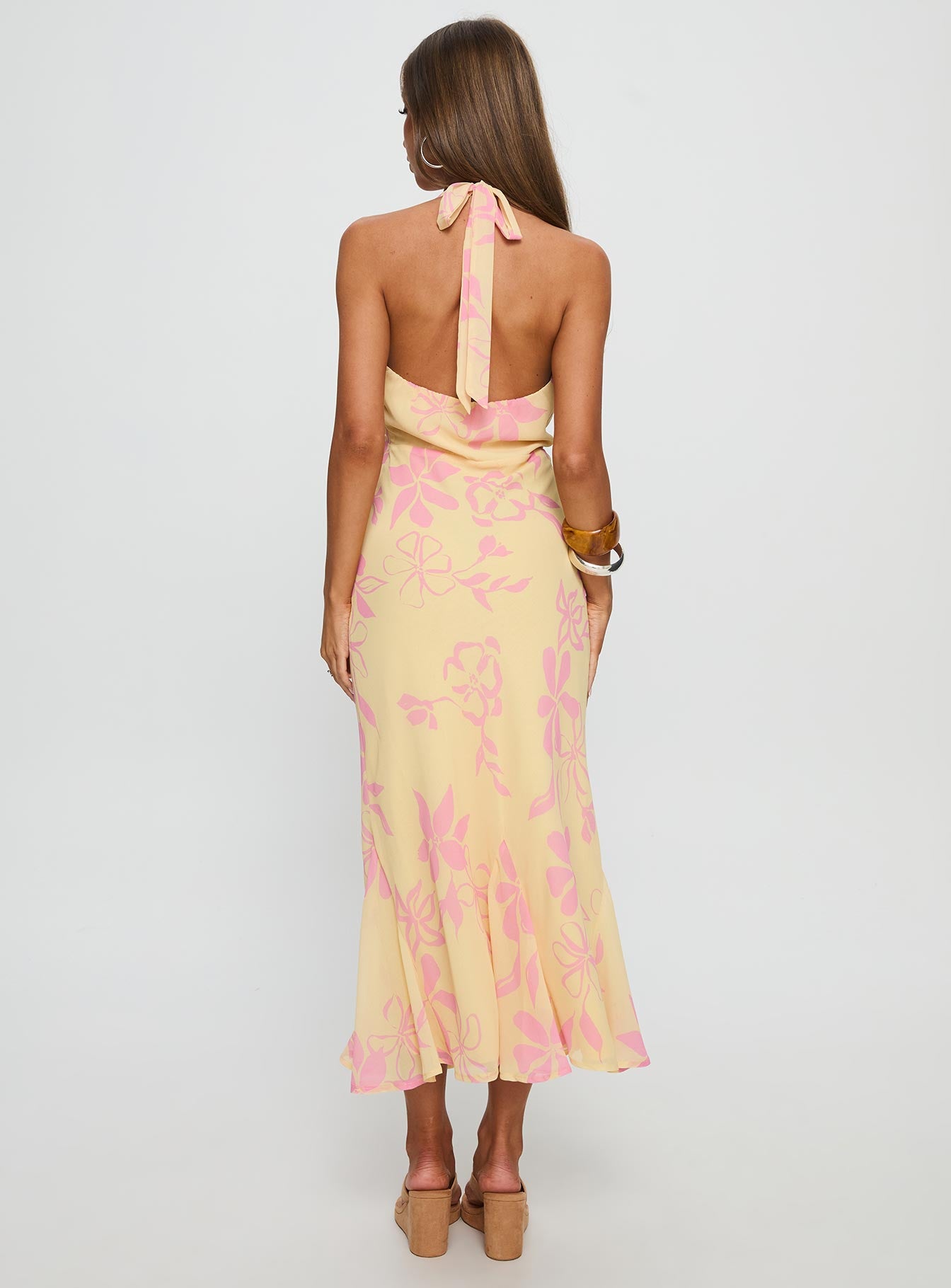 yellow and pink midi dress Zaina Yellow Pink Floral Print Lace Trim Linen Midi Dress