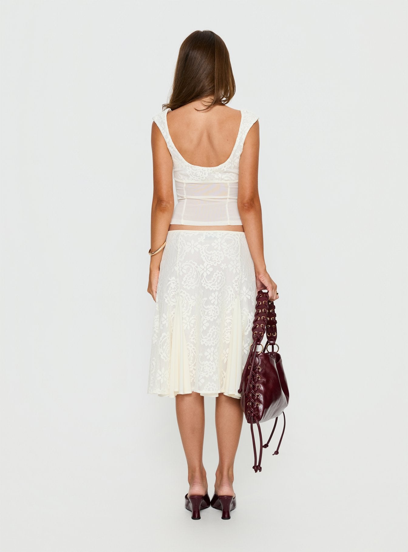 back view of model wearing Princess Polly Quani Lace Midi Skirt Cream Midi Skirts 