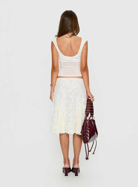 back view of model wearing Princess Polly Quani Lace Midi Skirt Cream Midi Skirts 