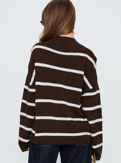 back view of model wearing Princess Polly Alara Mock Neck Knit Sweater Brown Stripe 