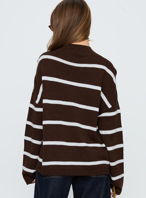 back view of model wearing Princess Polly Alara Mock Neck Knit Sweater Brown Stripe 