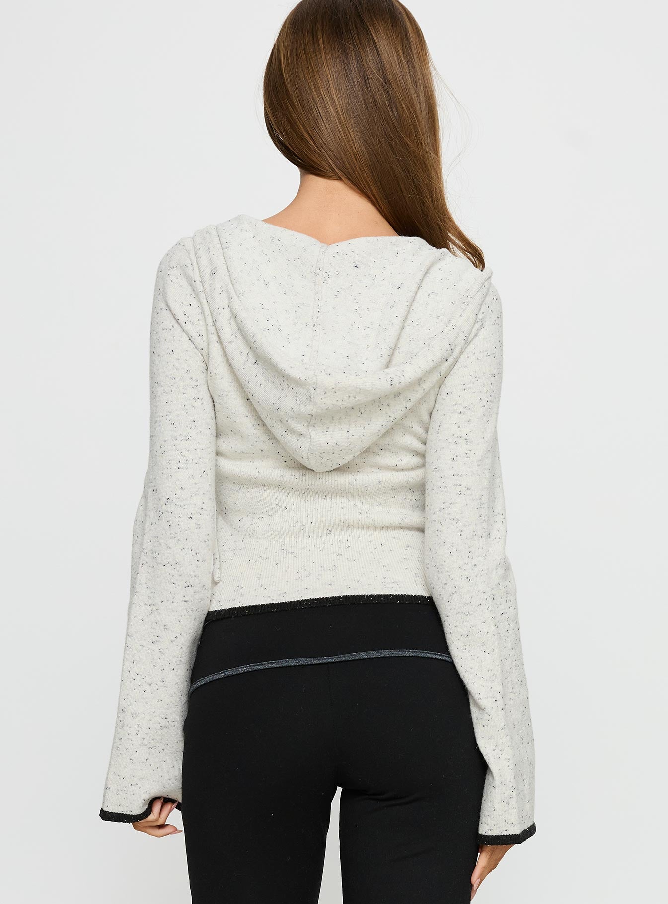 back view of model wearing Princess Polly Brandea Zip Through Knit Hoodie White Marle Cropped 