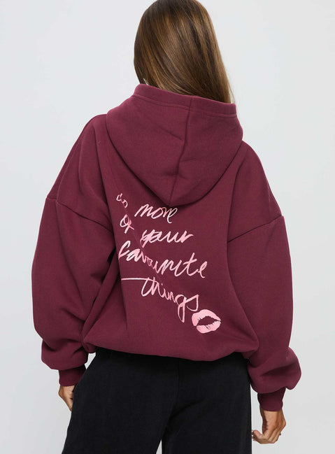 back view of model wearing Princess Polly Kisses Graphic Hoodie Wine Longline Jumpers 