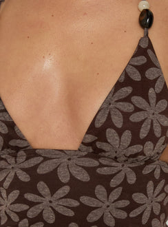 Elaris Bead Detail Halter Neck Top Brown Floral