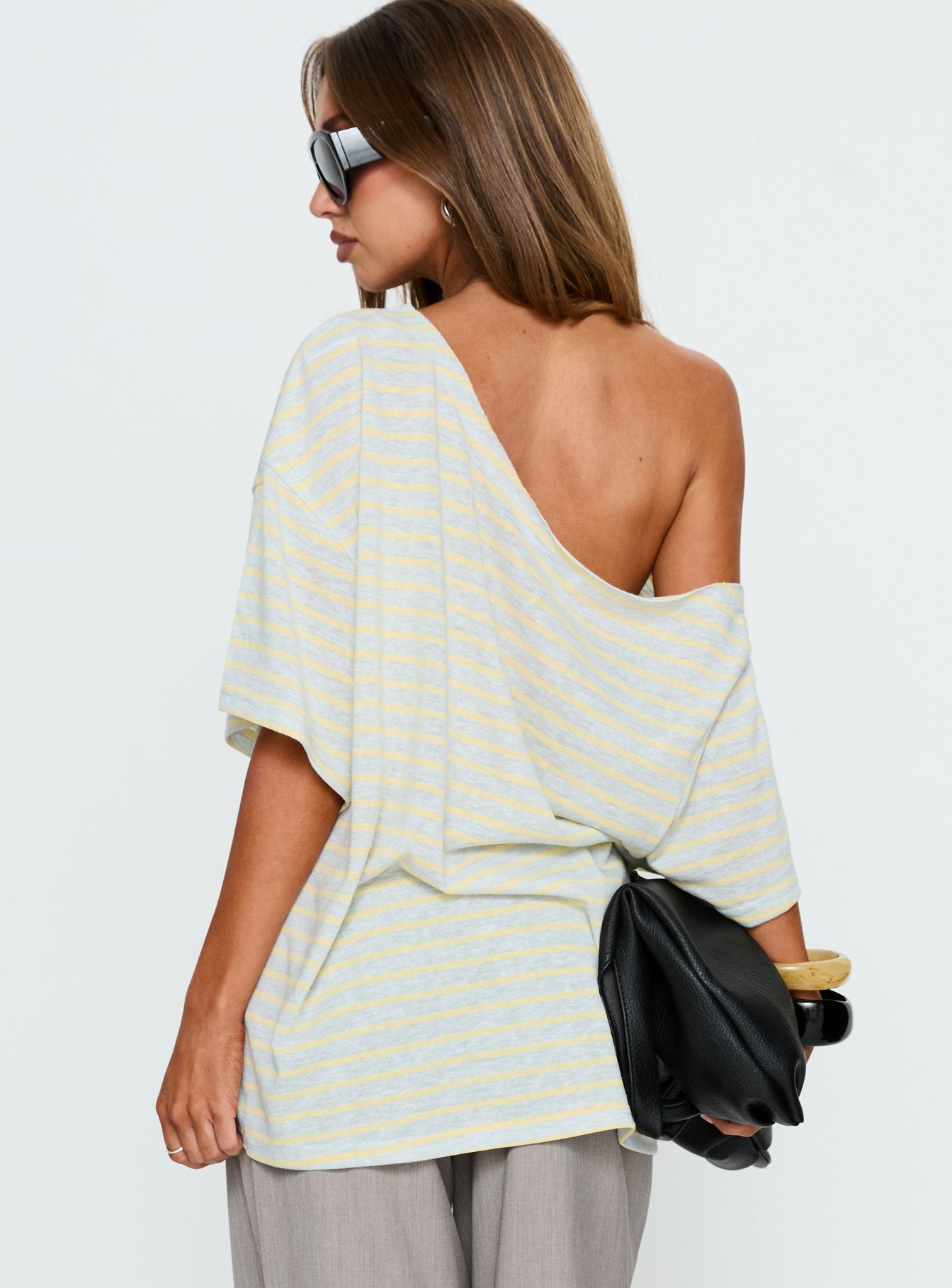 Winny Off Shoulder Tee Grey Marle / Lemon Stripe