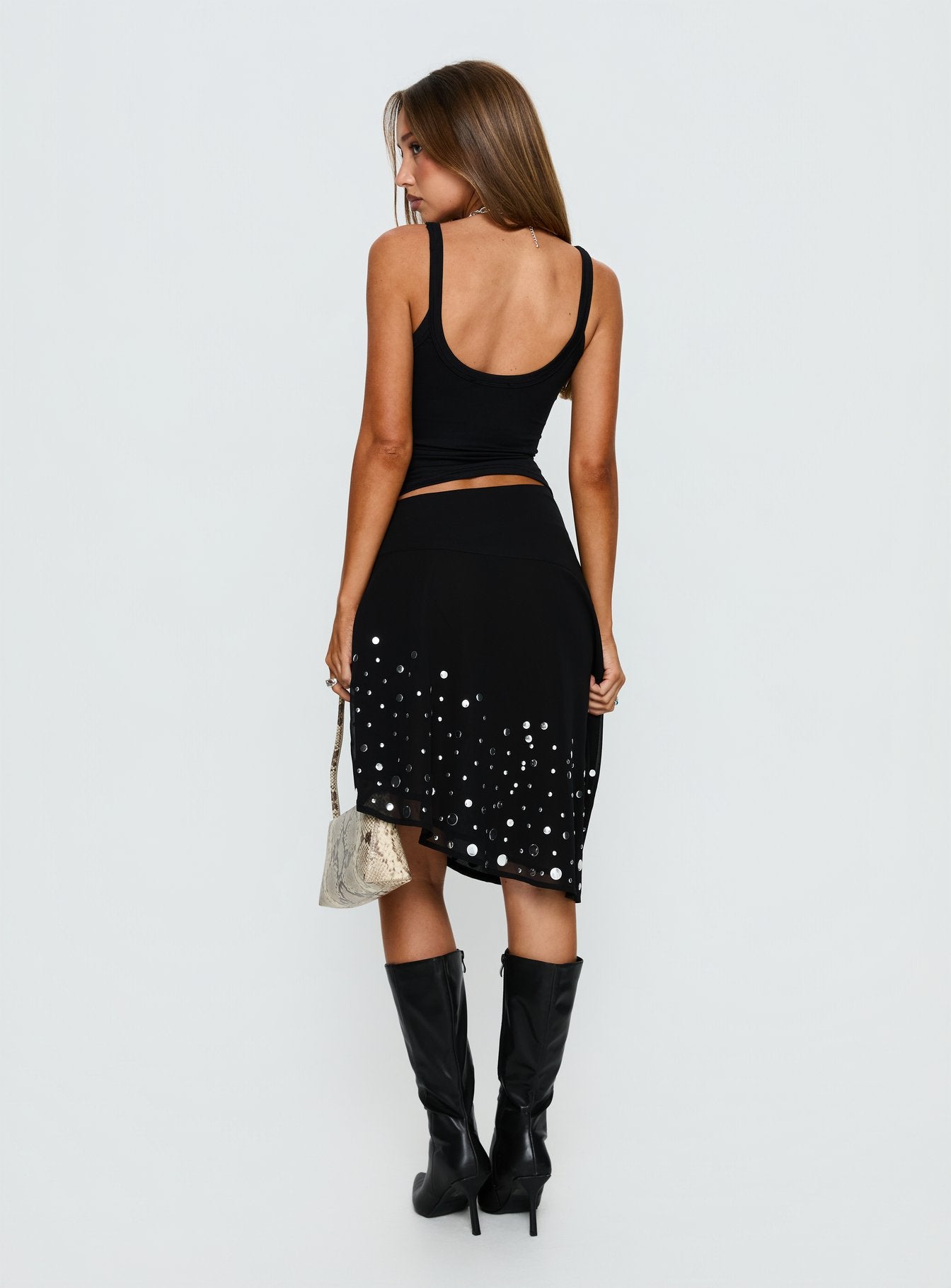 Jezabela Asymmetrical Stud Midi Skirt Black | Princess Polly