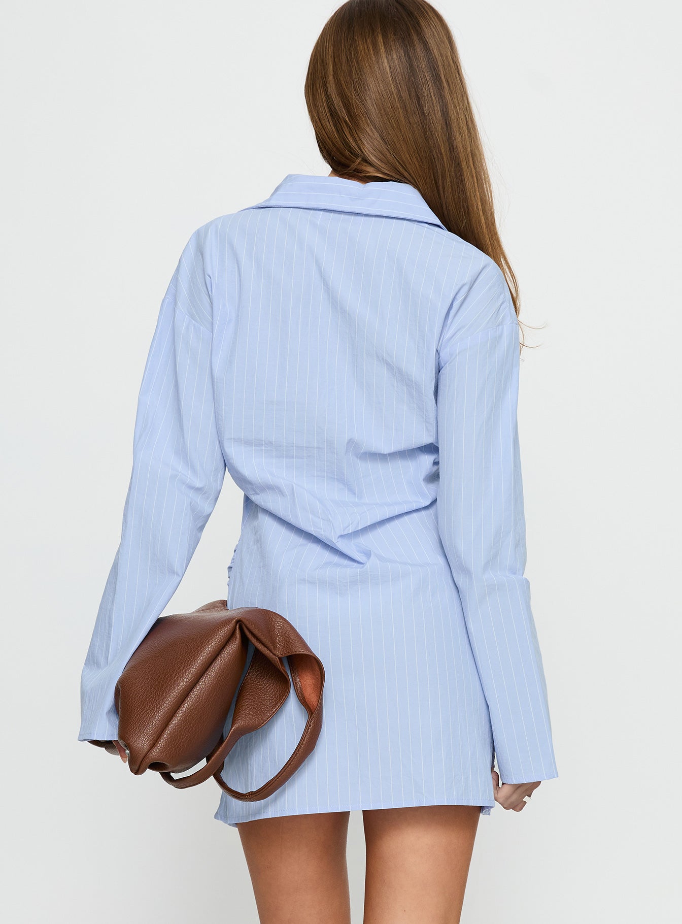 princess polly blue shirt dress Well Versed Long Sleeve Ruched Shirt Mini Dress Blue