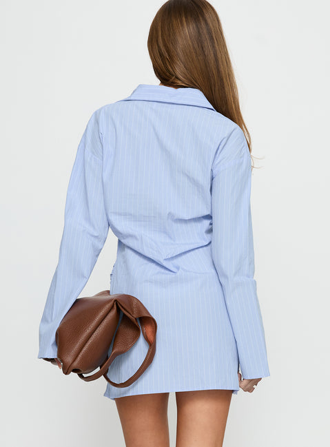 Well Versed Long Sleeve Ruched Shirt Mini Dress Blue | Princess Polly Well Versed Long Sleeve Ruched Shirt Mini Dress Blue | Princess Polly