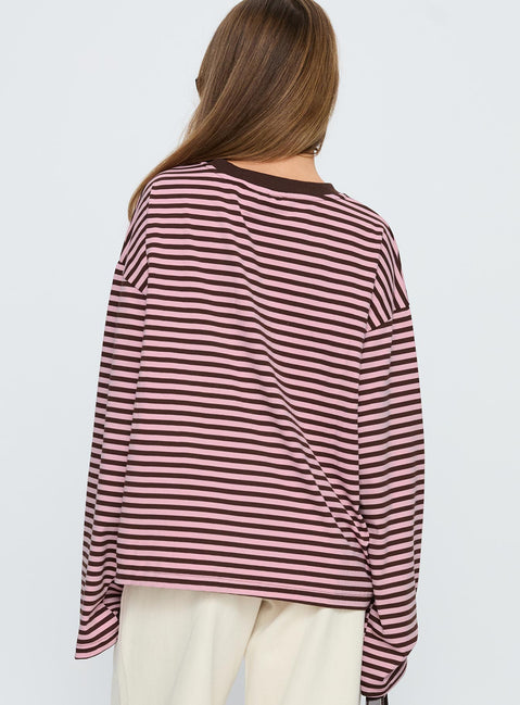 Settle Down Long Sleeve Top Pink / Brown Stripe
