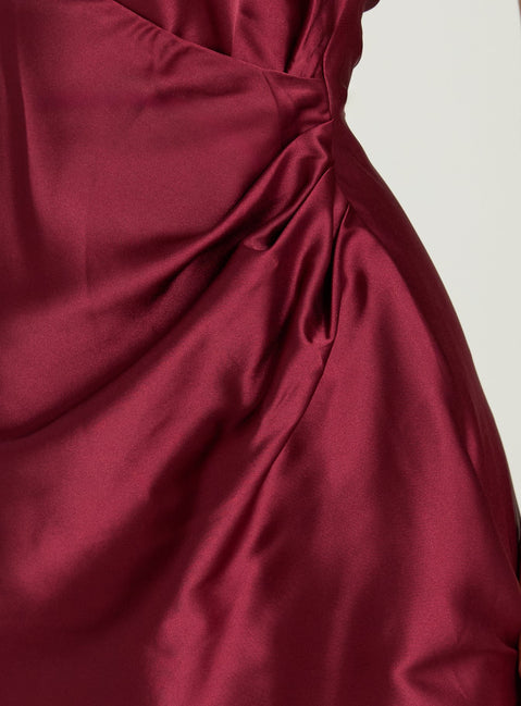 Landree Wrap Halter Satin Mini Dress Burgundy