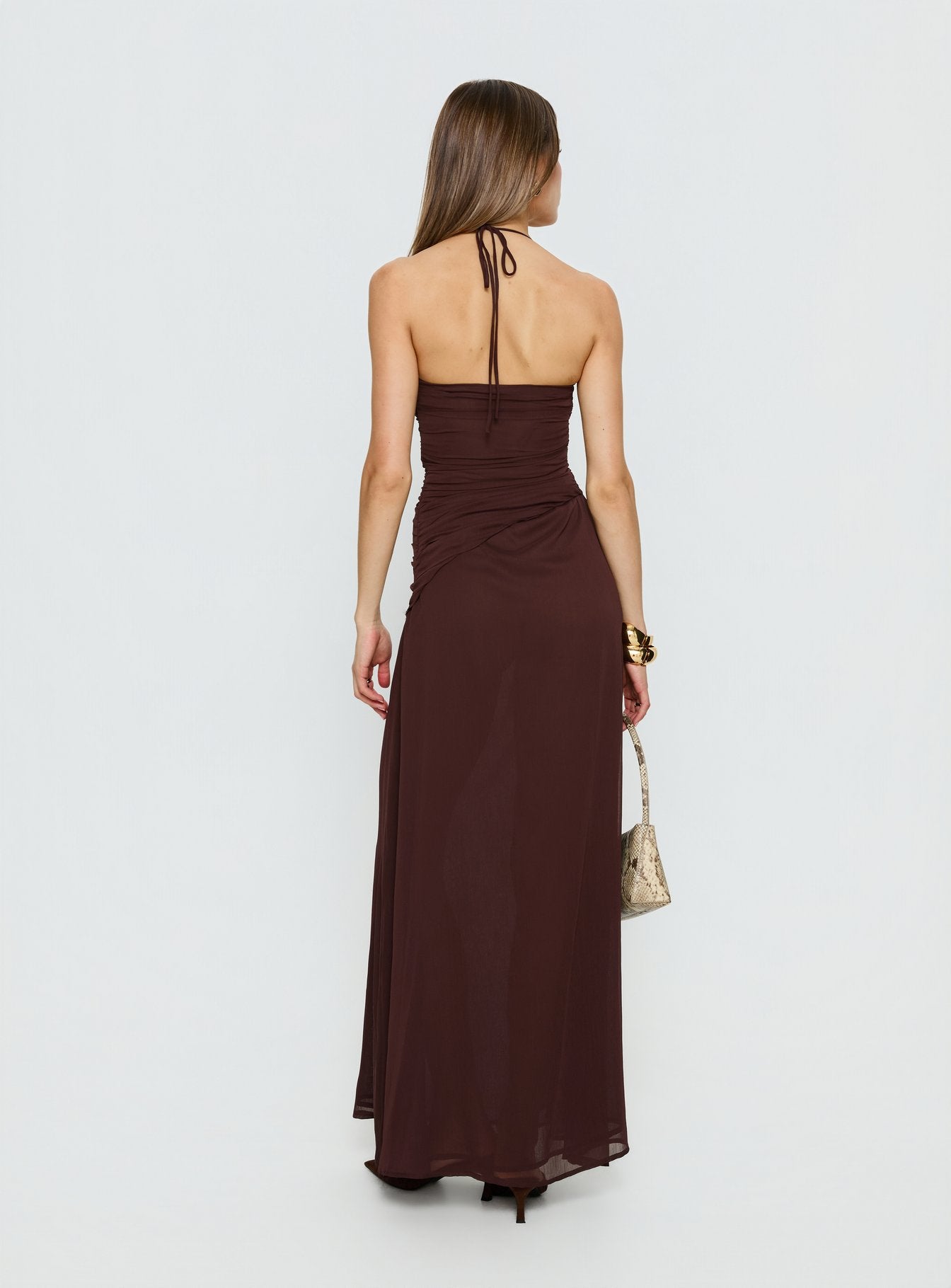 Kaemila Halter Chiffon Maxi Dress Brown | Princess Polly Kaemila Halter Chiffon Maxi Dress Brown | Princess Polly