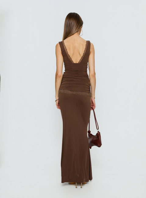back view of model wearing Princess Polly Zespri Jersey Maxi Skirt Brown Maxi Skirts 