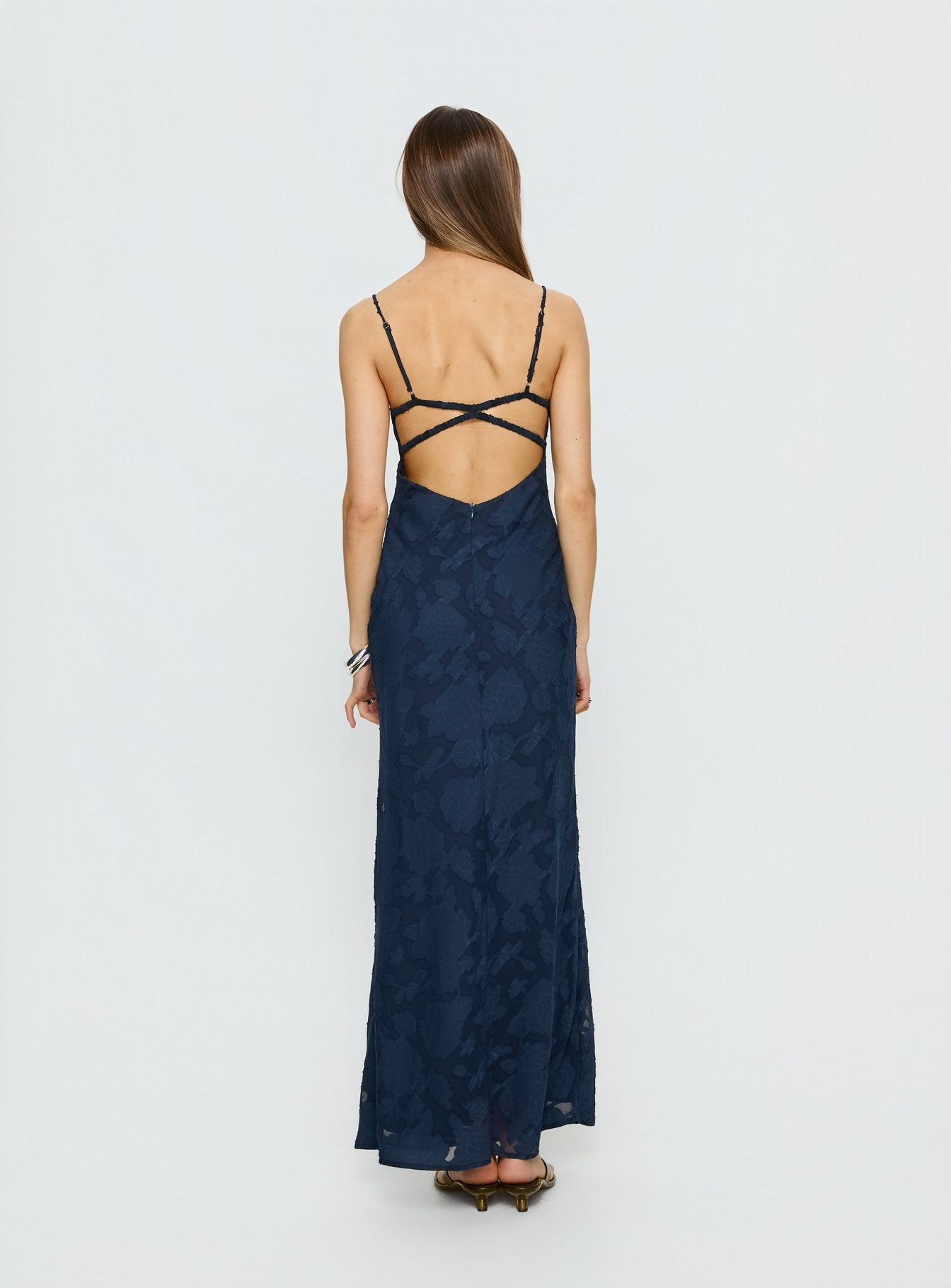 mac duggal navy blue dress Zara Open Back Dress Blue Navy Crepe High Neck Long Sleeves Midi Colum –  The Thriftanista Closet main image 0