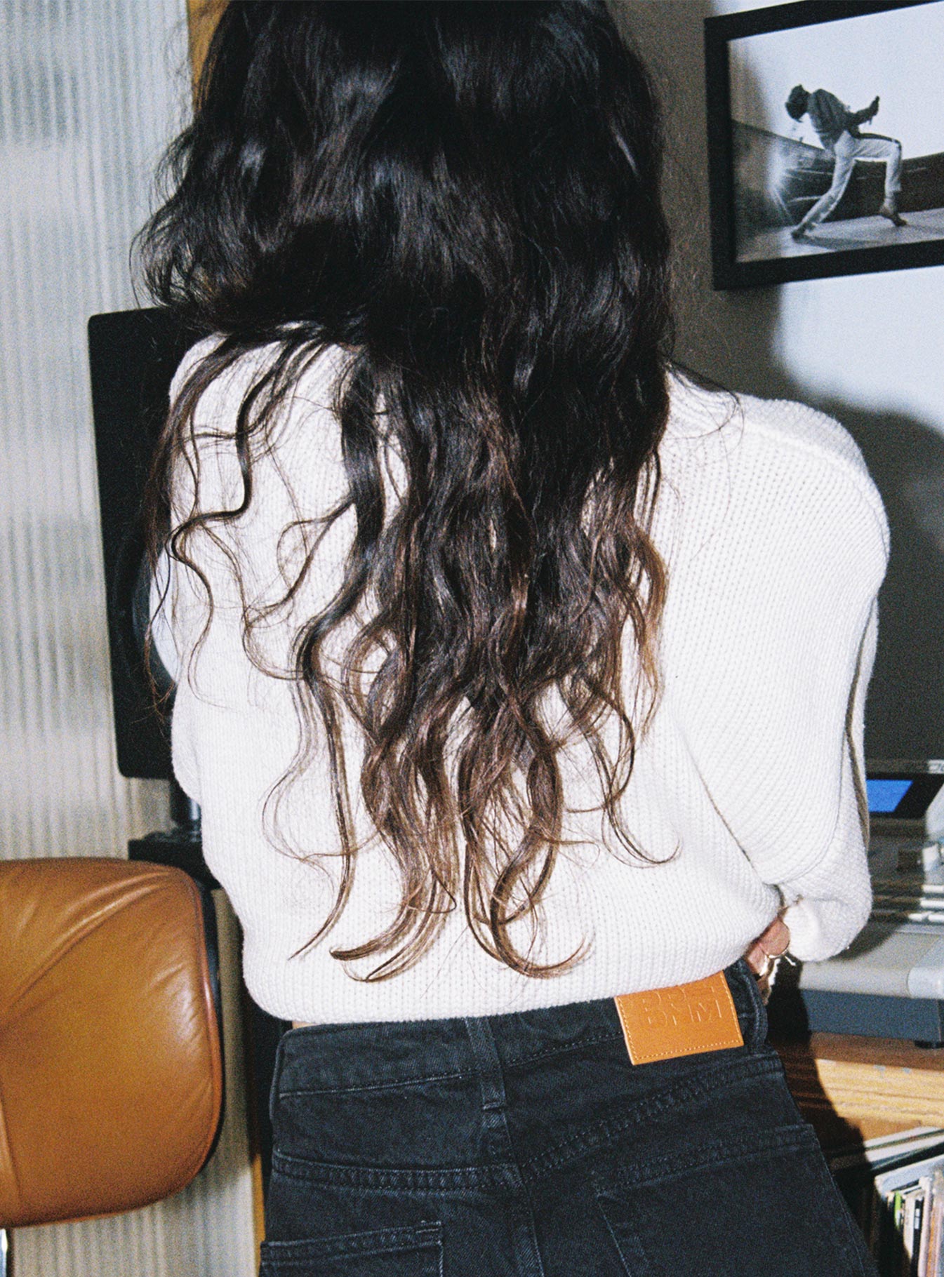 back view of model wearing Princess Polly Harmony Knit Sweater Beige Petite Cropped 