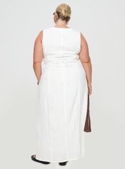 Summer Season Linen Blend Maxi Dress White Curve V-Neck 