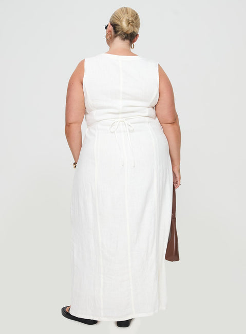 Summer Season Linen Blend Maxi Dress White Curve V-Neck 
