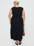 back view of model wearing Princess Polly Chosen Girl Linen Blend Maxi Dress Black Curve Square Neck 