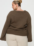 Brown Knit sweater Oversized fit, rounded neckline, relaxed sleeves, drop shoulder