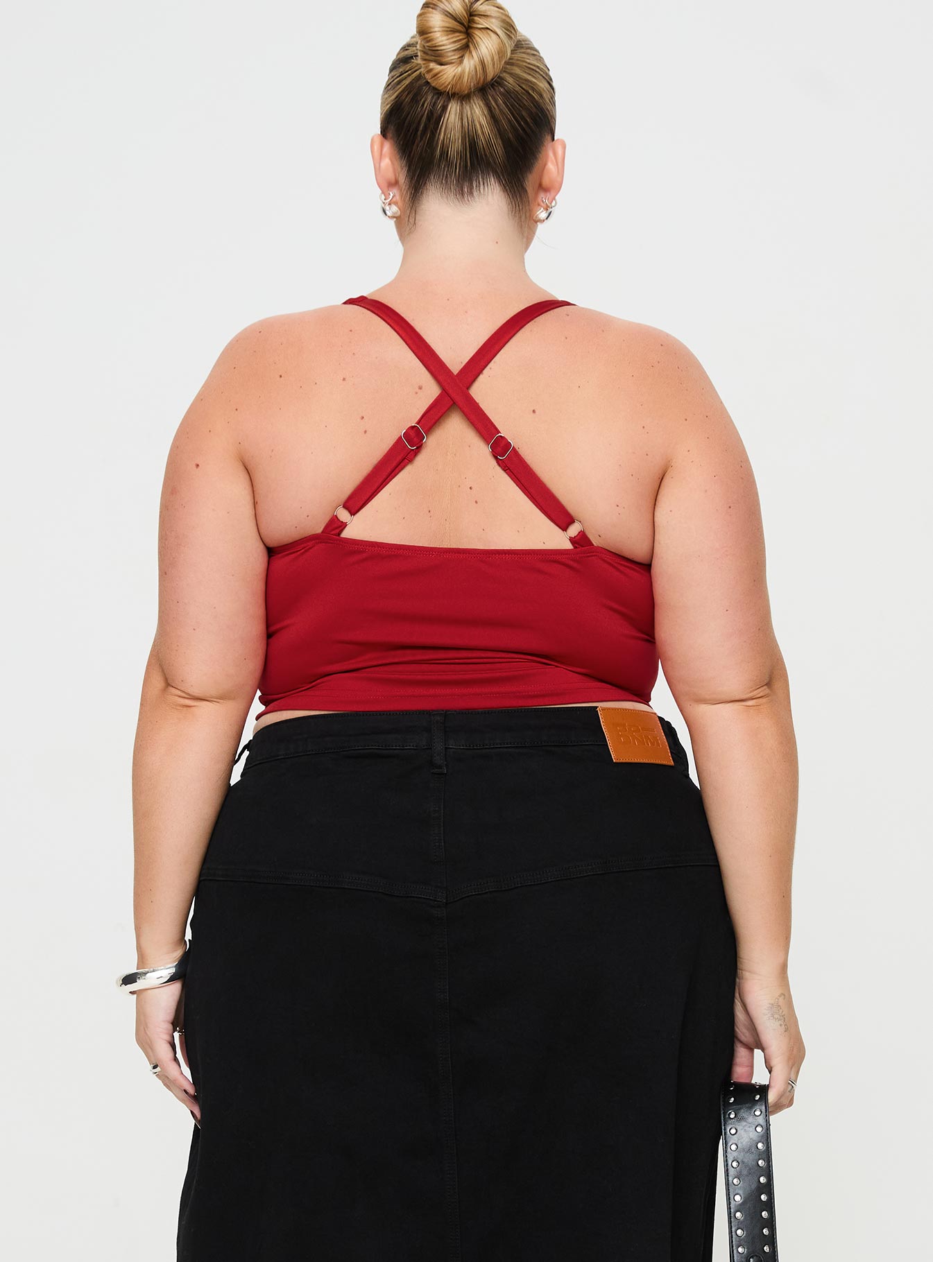 back view of model wearing Princess Polly Wandella Tank Red Curve Sleeveless Plunger 