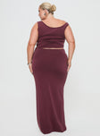 back view of model wearing Princess Polly Whiley Maxi Skirt Mauve Curve Maxi 