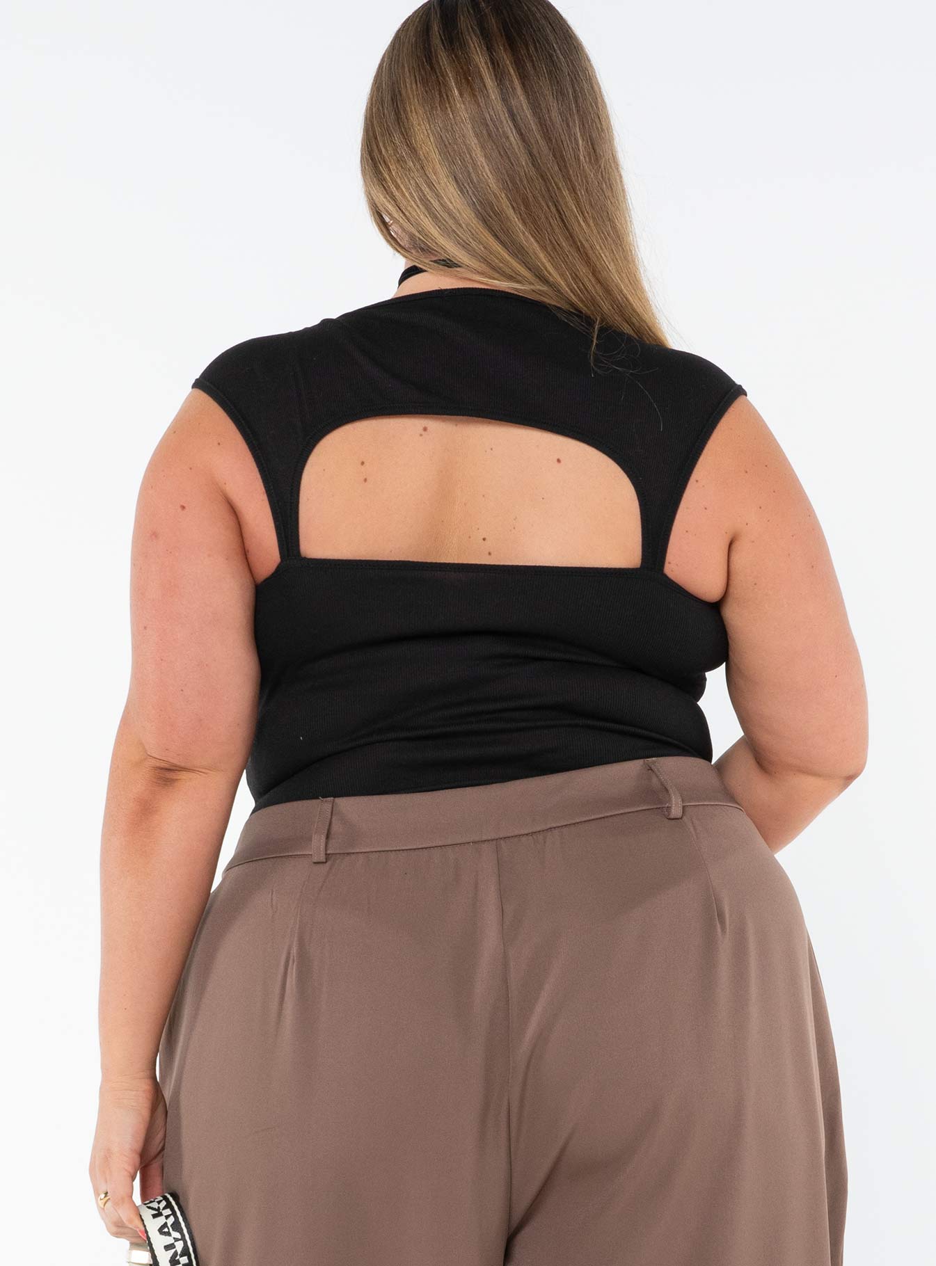 back view of model wearing Princess Polly Halia Bodysuit Black Curve Sleeveless Scoop Neck 