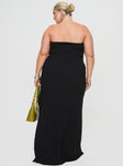 Strapless black maxi dress Inner silicone strip at bust, sweetheart cowl neckline, invisible zip fastening at back, leg slit