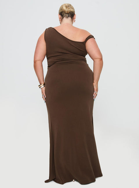 Rios One Shoulder Maxi Dress Brown Curve | Princess Polly Rios One Shoulder Maxi Dress Brown Curve | Princess Polly
