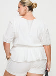White Peplum top Puff sleeve, twin tie fastening at front, elasticated band at waist