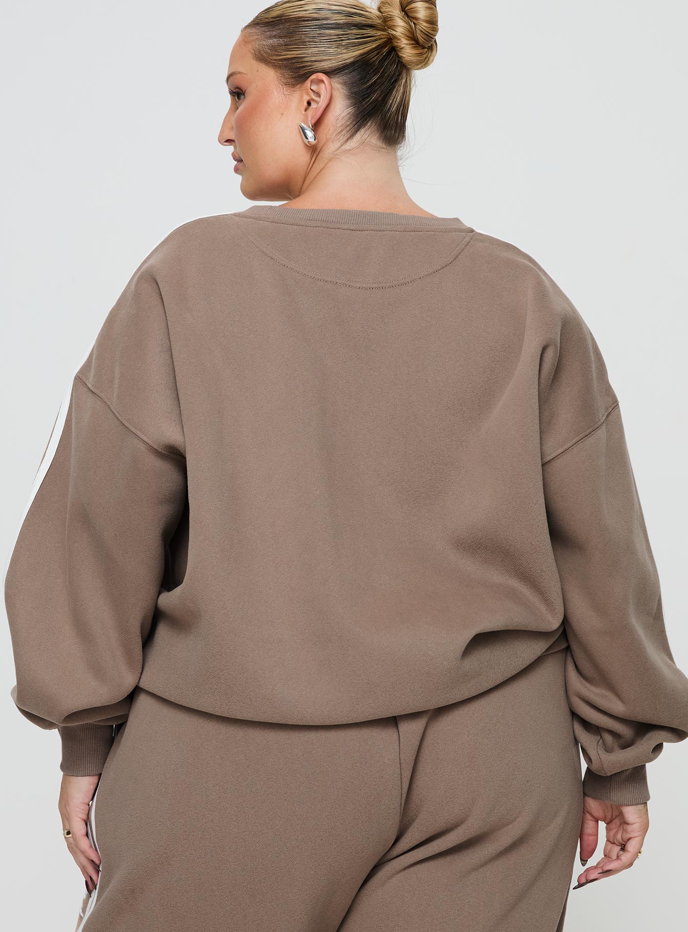 back view of model wearing Princess Polly Princess Polly Crew Neck Sweatshirt Stripe Taupe / White Curve 