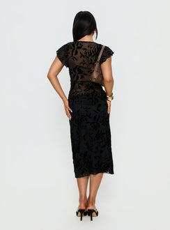 back view of model wearing Princess Polly Atira Midi Skirt Leaf Flower Black Midi Skirts 