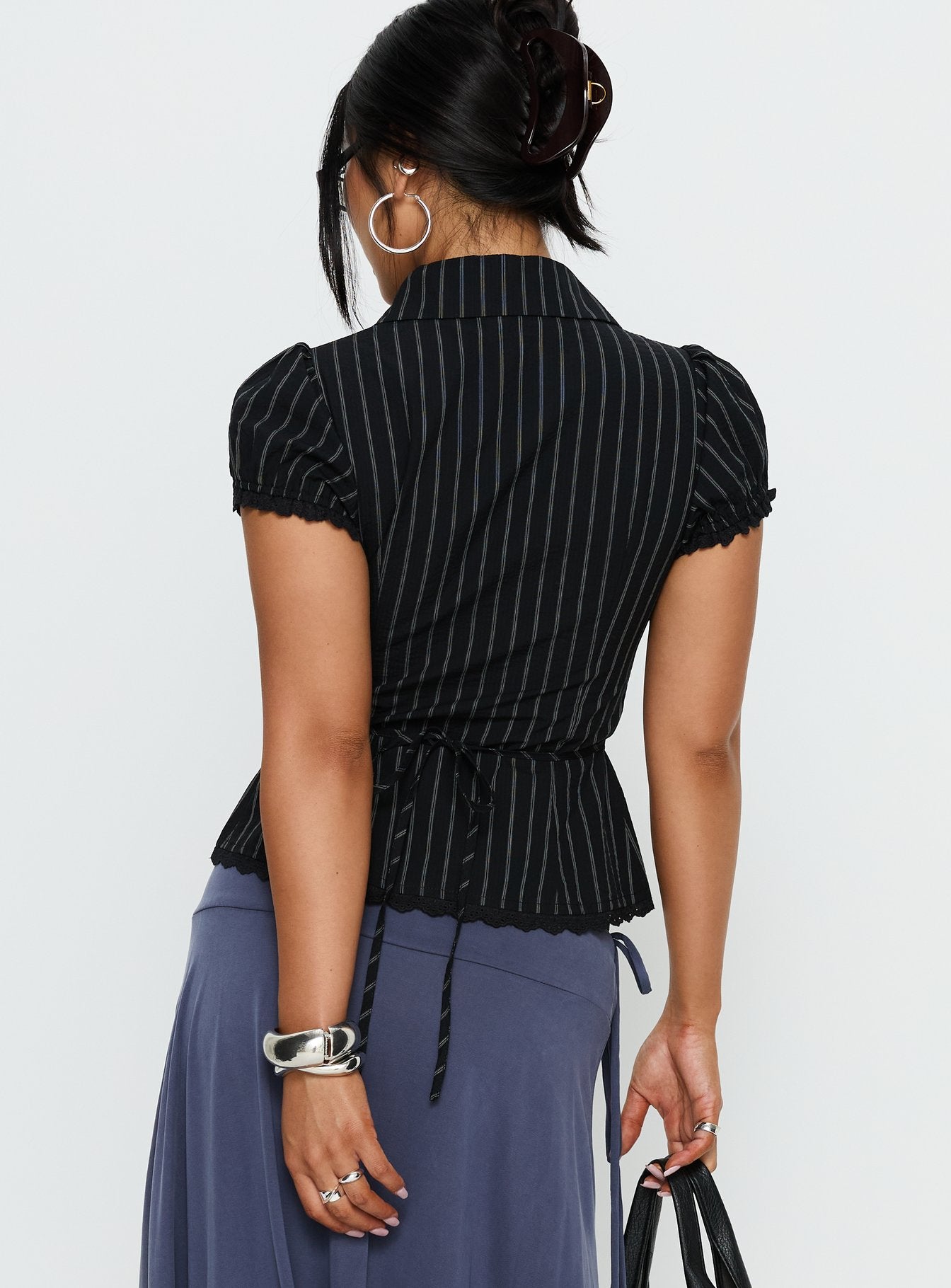 Deserve You Puff Sleeve Button Front Top Black Stripe