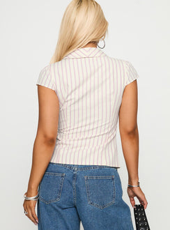 back view of model wearing Princess Polly Ellis Island Collared Top Pink Stripe Short Sleeves Plunger 