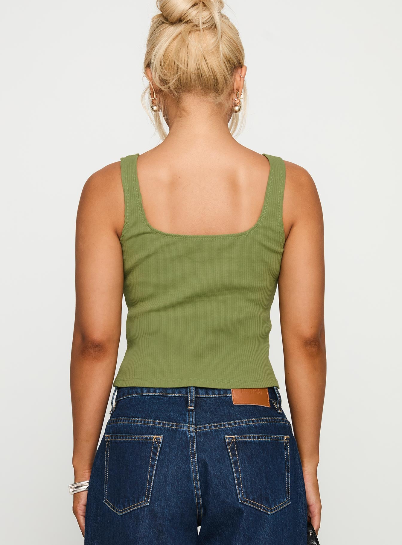 back view of model wearing Princess Polly Nobody Like You Top Khaki Sleeveless Square Neck 