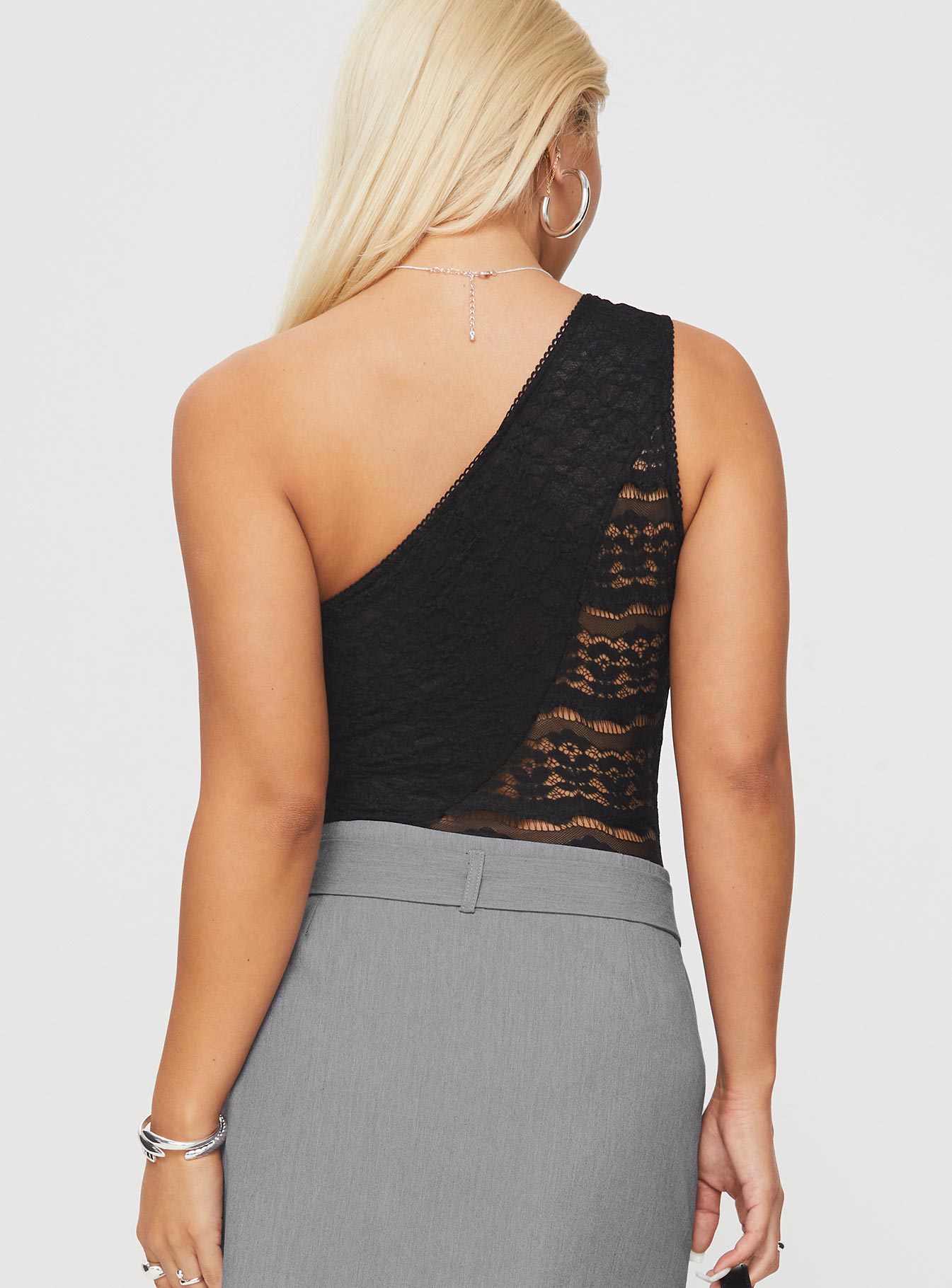 back view of model wearing Princess Polly Knotti Lace Bodysuit Black Sleeveless 