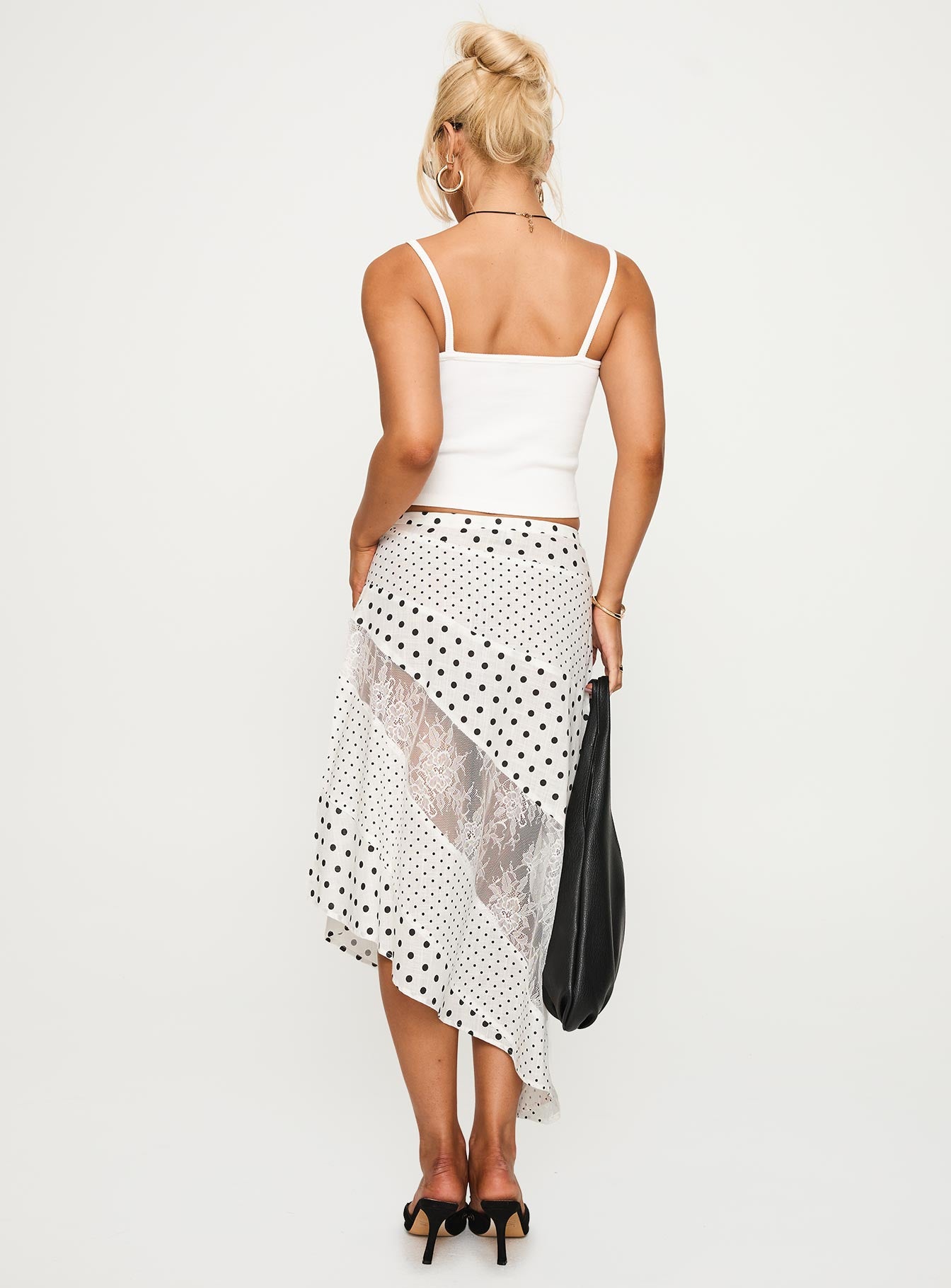 back view of model wearing Princess Polly Rennar Maxi Skirt White / Polka Dot Midi Skirts 