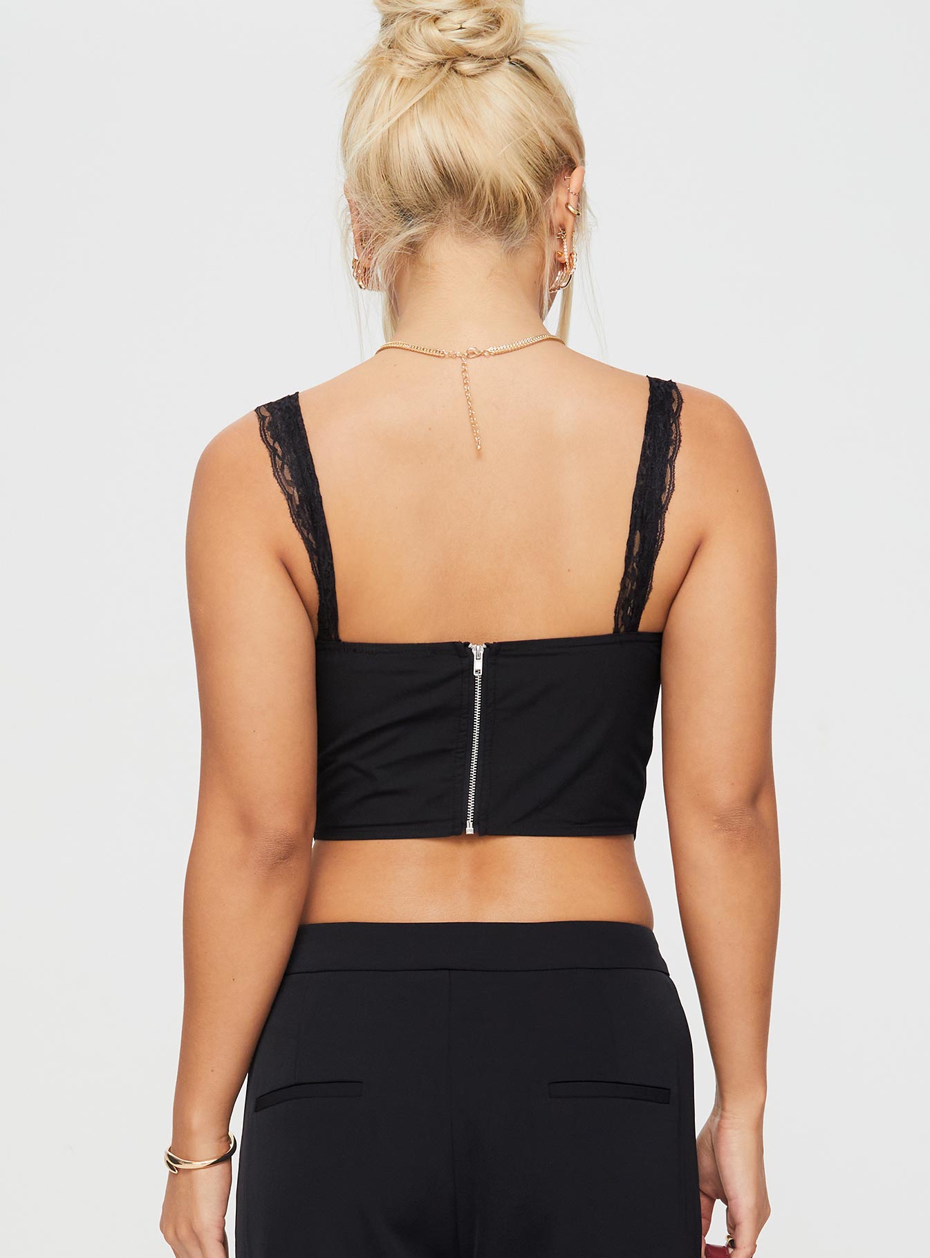 back view of model wearing Princess Polly Thaxten Top Black Sleeveless Square Neck 
