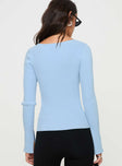 Blue Long sleeve knit top V neckline, hook & eye fastening down front