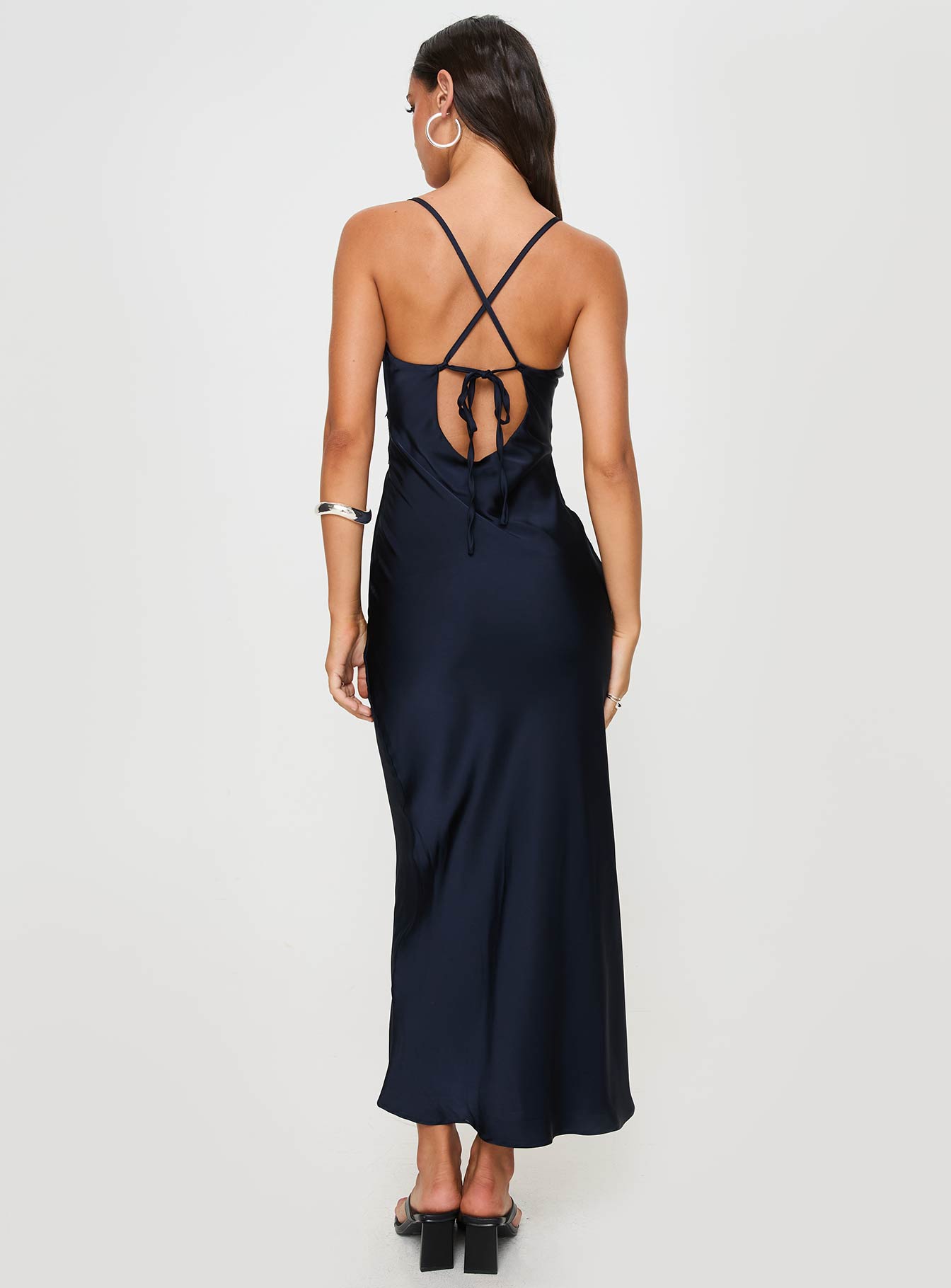 back view of model wearing Princess Polly Treasure Bias Cut Maxi Dress Navy Petite V-Neck 